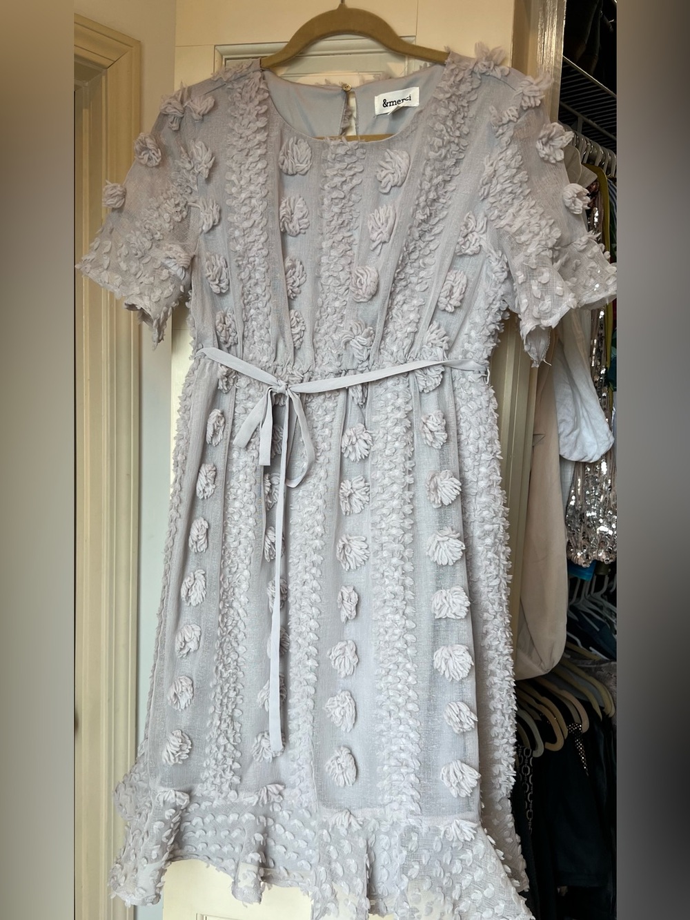 &merci Light Gray Textured Pom-Pom Belted Dress